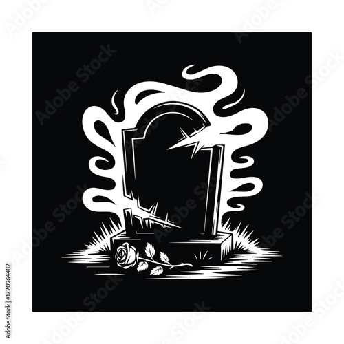 Broken tombstone with rose vector illustration on black background for halloween design