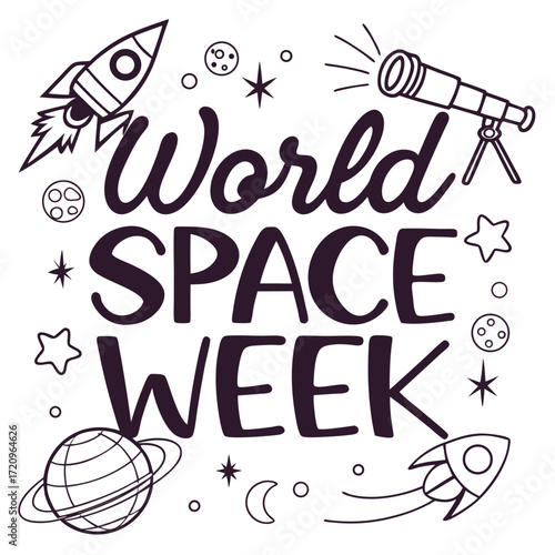 Celebrate World Space Week with cosmic designs featuring rockets, planets and stars, perfect for event promotions and educational materials, originally vector