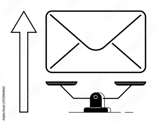 Envelope on balance scale with upward arrow symbolizing email communication, efficiency, scaling, balance, and progress. Ideal for business, technology, communication, productivity growth