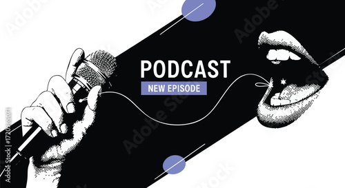 Graphic banner for a podcast featuring a hand holding a microphone, a speaking mouth, and text 'PODCAST NEW EPISODE' in a modern, minimalist design.