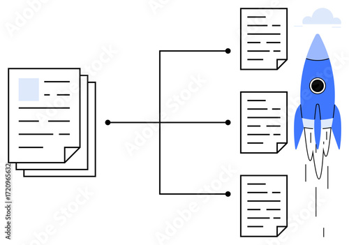 Stack of documents connected to single documents with branching diagram and blue rocket taking off. Ideal for productivity, planning, workflow, efficiency, innovation, strategy, simple flat metaphor