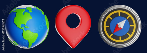 Globe, location pin, and compass representing worldwide navigation