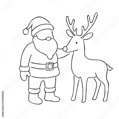 Santa and Rudolph. Santa Claus with reindeer in minimalist line art style