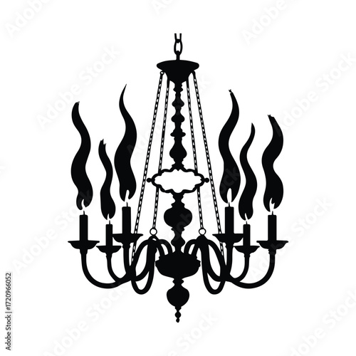 Elegant Chandelier Silhouette with Burning Candles casting Dark Smoke on White Background