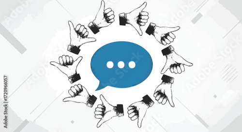 A central blue speech bubble surrounded by diverse hand gestures on a white background, symbolizing communication and feedback.