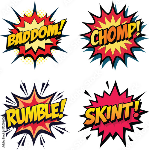 Comic Book Style Sound Effect Burst Set with Onomatopoeia Words