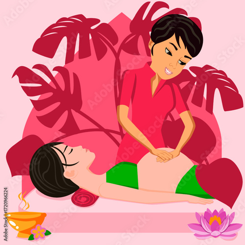Massage for pregnant. Therapy and treatment by professional therapist in SPA. Isolated flat vector illustration. Eastern and Asian ethnicity.
