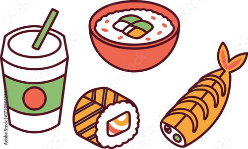 A colorful and stylized illustration of Japanese food and drink items vector Illustration