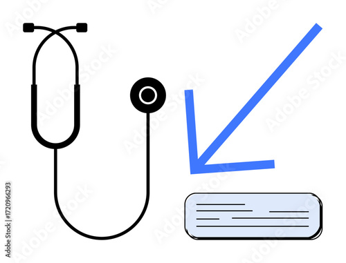 Stethoscope near a downward blue arrow pointing at an open book, symbolizing healthcare, education, and study. Ideal for learning, research, medicine, healthcare, knowledge transfer training simple