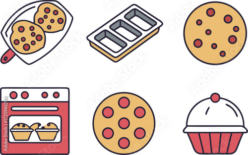 Baking Icons: Cookies, Oven, Muffin Tray, and Cupcake Illustration vector Illustration