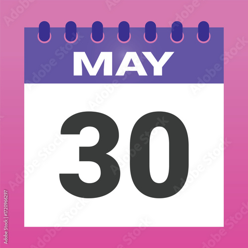 May thirty date block on a purple bordered tear off calendar with white background