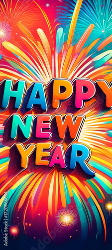 Vibrant Happy New Year Celebration With Colorful Fireworks And Bold Lettering