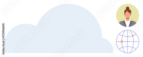 Large cloud shape, woman s profile avatar in a circle, and globe with connection lines. Ideal for digital communication, cloud computing, remote work, networking, online storage, global reach simple
