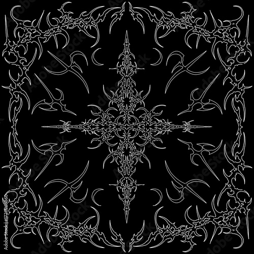 Neo tribal cross ornamental, cyber sigilism symmetrical shapes with frame vector design for tattoo, streetwear t-shirt print dark apparel 