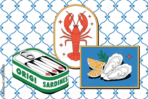 Vibrant illustration of seafood delicacies including sardines, lobster, and oysters with citrus