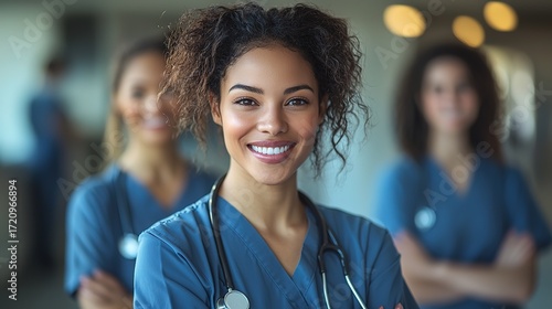 Portrait of diverse female nurses in scrubs, blurred background, Canon EOS R8 style
