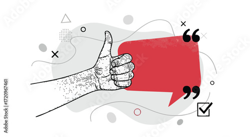 Illustration of a hand giving a thumbs up with a red speech bubble and checkmark.