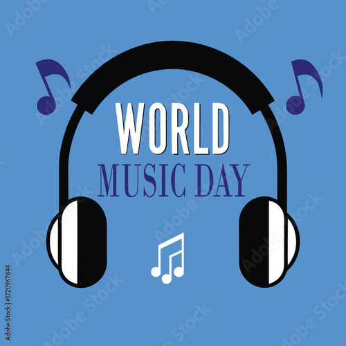 World Music Day Card Design: A headphone and musical notes on a blue background. 