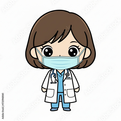 A cute cartoon female doctor is wearing a face mask, a white coat, blue scrubs, and a stethoscope around her neck.