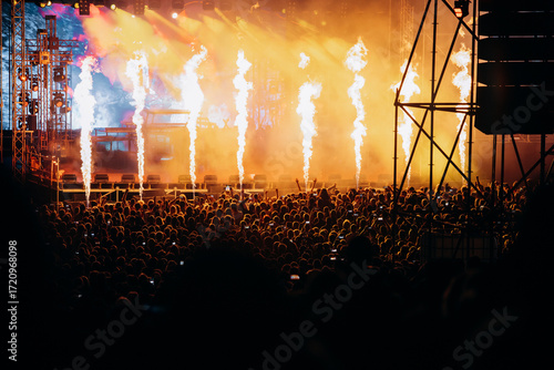 Crowd at concert and blurred stage lights.