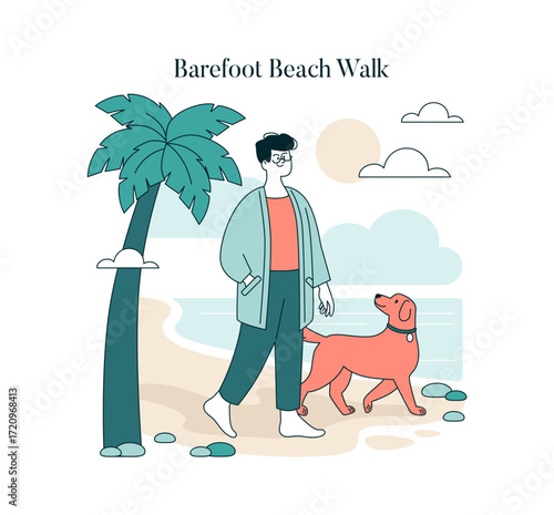 Barefoot Beach Walk with Dog Vector Illustration
