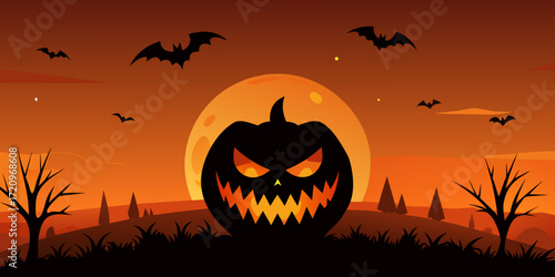 Illustration of spooky halloween pumpkin with glowing eyes and bats flying in the night sky with a full moon behind it, creating a frightening and eerie atmosphere for the holiday celebration