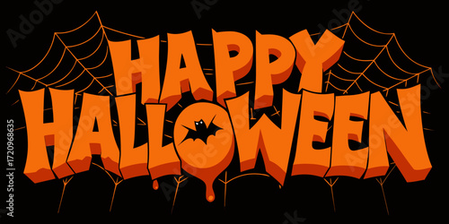 Illustration of bold orange text spelling happy halloween with a spiderweb design and a dripping effect, set against a, perfect for festive holiday greetings and decorations