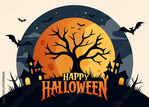Illustration of spooky halloween night scene with a large full moon, silhouetted haunted houses, a gnarled tree, and flying bats, creating a classic and atmospheric holiday illustration
