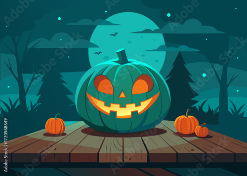 Illustration of a spooky teal pumpkin with a carved jackolantern face glows eerily on a wooden table under a full moon on a dark halloween night with silhouetted trees and a few smaller pumpkins