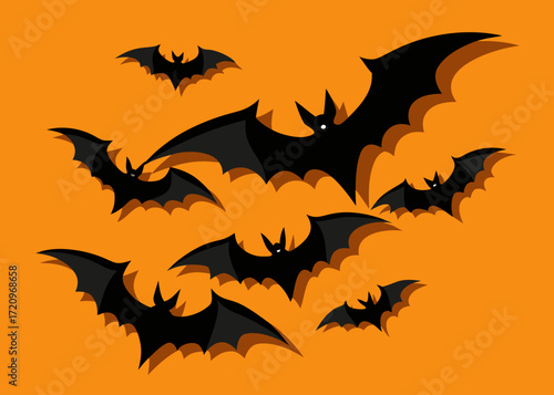 Illustration of a swarm of black bats with glowing eyes flies across a bright orange background, creating a dynamic and spooky halloween theme for decorations and designs