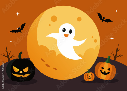 Illustration of a cheerful white ghost peeking from behind a large, textured yellow moon on a dark orange background, with silhouetted trees, bats, and pumpkins, evoking a magical halloween night