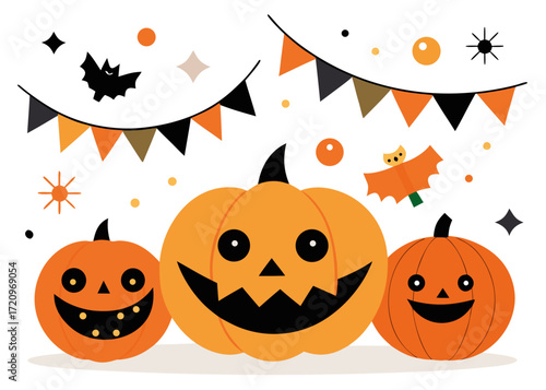 Illustration of three grinning jackolanterns of varying sizes, adorned with festive bunting and scattered confetti, set against a clean for easy use in designs