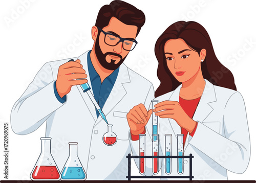 Collaborative laboratory experiment with pipette and microscope, scientists in lab coats, safety goggles, red liquid assays, test tubes, flasks, teamwork