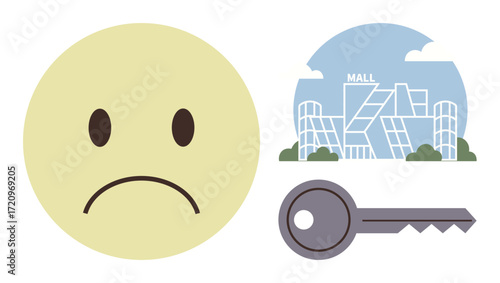 Sad face expressing dissatisfaction, mall architecture symbolizing retail or commerce, and key implying access. Ideal for retail loss, struggles, dissatisfaction, closure, accessibility, security
