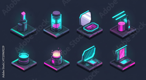 Collection of isometric digital beauty products with glowing neon lights, futuristic cosmetic items, and elegant design on dark background for modern concepts