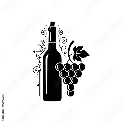 A stylized black and white illustration of a wine bottle with a bunch of grapes and decorative swirls.