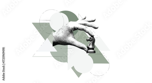Strategic hand carefully places chess knight piece amidst modern geometric shapes, symbolizing thoughtful planning and decisive action for business success.