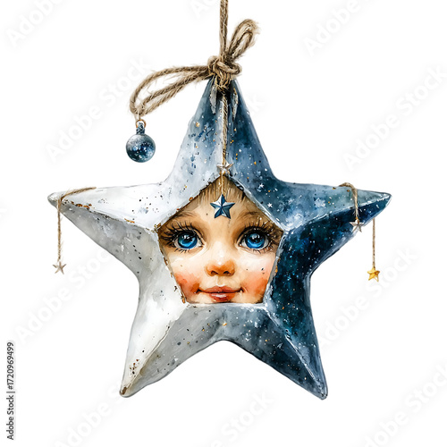 shining pastel star with kawaii face, magical sparkles around Magical Christmas Stickers Whimsical Holiday Illustration