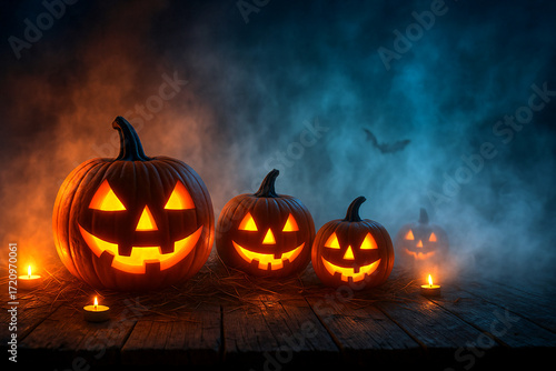 Halloween Pumpkins On Wood In A Spooky Forest At Night, Halloween Background, Generative ai