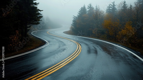 Winding road up Sugarloaf Mountain in Maine, foggy and rainy, surrounded by trees 
