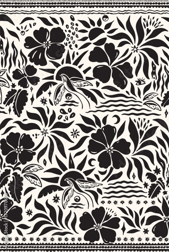 A vibrant, tropical seamless pattern in a bold, black and white linocut style. This intricate folk art design is filled with hibiscus flowers, suns, birds, and mystical ocean motifs