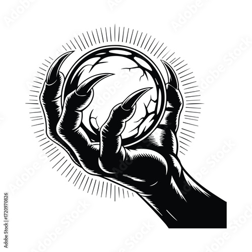 Mystical Crystal Ball Held by a Dark Enchantress Hand Creating an Eerie Atmosphere