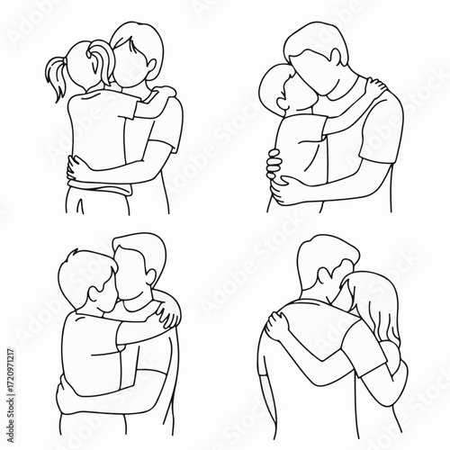 Heartwarming Line Art Collection of Loving Embraces Depicting Family Bonds and Affectionate Relationships