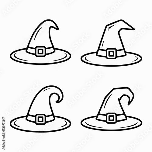 Set of four hand-drawn witch hats with buckles, perfect for Halloween-themed designs and spooky celebrations, black and white line art illustration