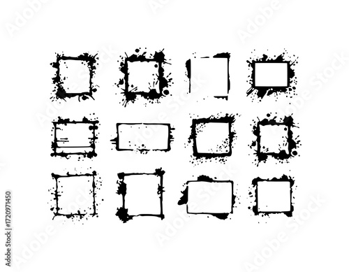 Collection of 12 Black Ink Splatter Square and Rectangle Frames