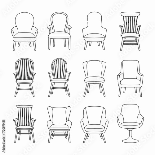 Collection of Diverse Chair Illustrations Armchairs, Wingback Chairs, and More