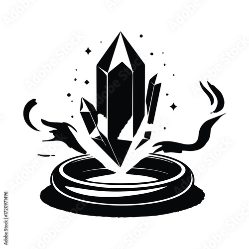 Mystical Crystal Formation with Ring and Ethereal Smoke Black and White Illustration
