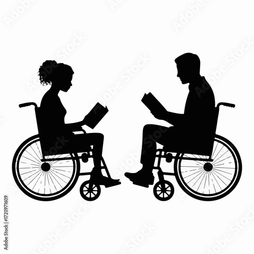 A man and woman in wheelchairs find connection and shared knowledge while reading, a silhouette representing accessibility in education and literature