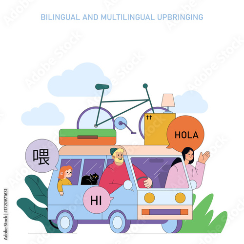 Multilingual Family Road Trip in Vector Illustration