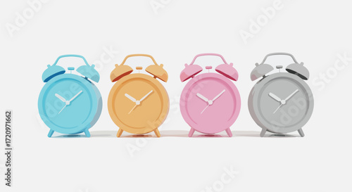 Four colorful alarm clocks in a row, each with a different pastel hue, against a white background.